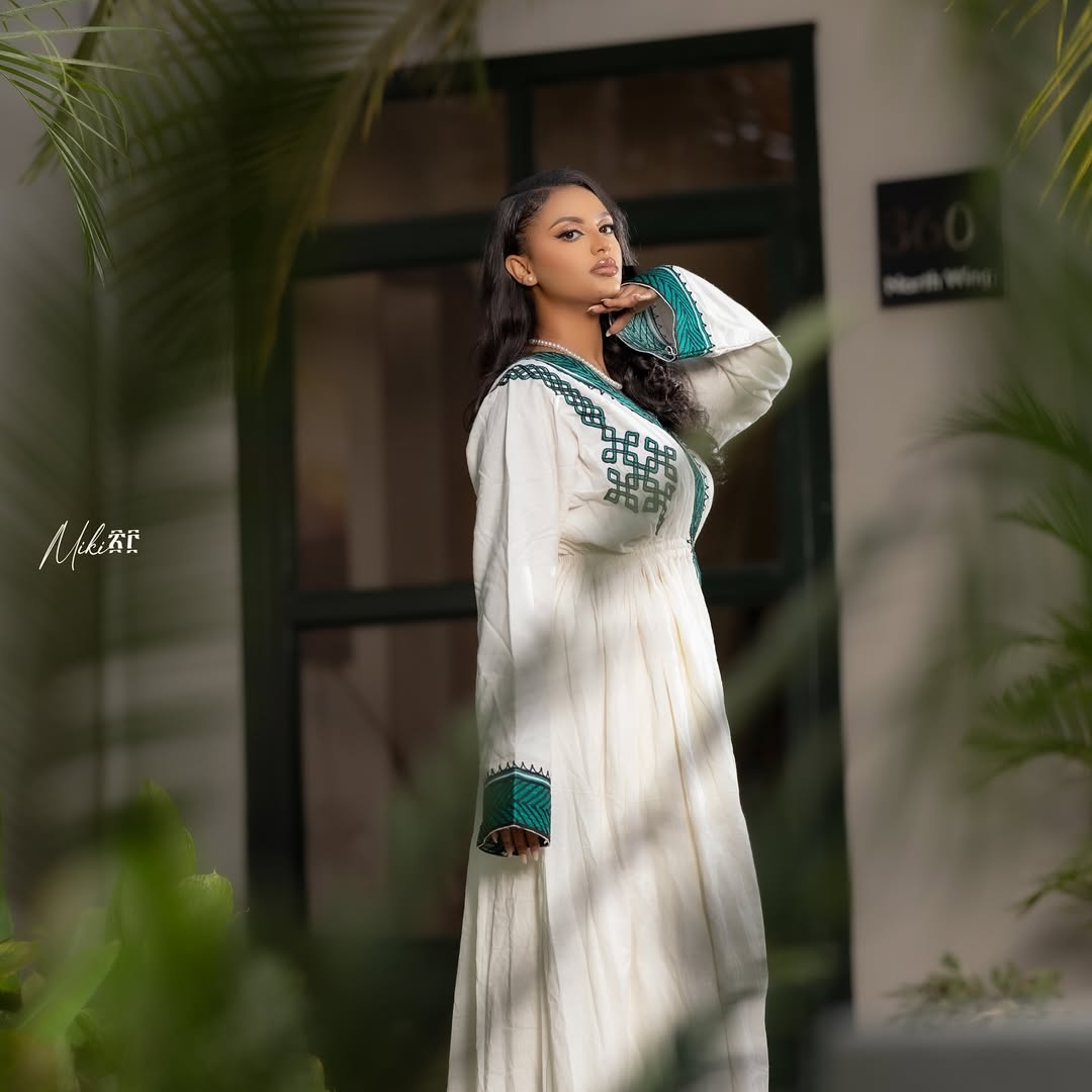 Gondar Habesha Kemis with Emerald Green Tibeb | Handwoven Ethiopian Dress