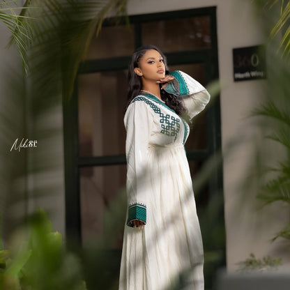 Gondar Habesha Kemis with Emerald Green Tibeb | Handwoven Ethiopian Dress