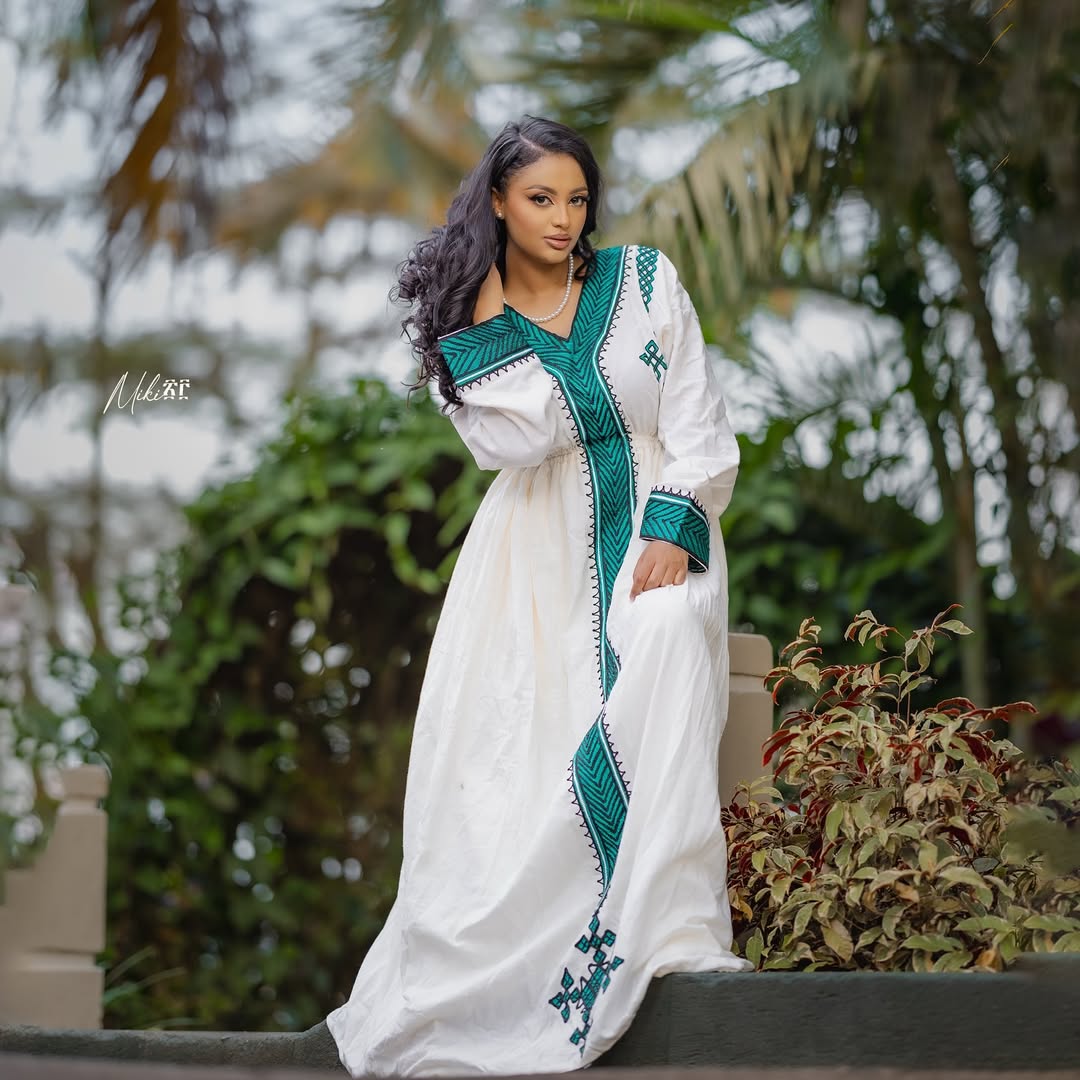 Gondar Habesha Kemis with Emerald Green Tibeb | Handwoven Ethiopian Dress
