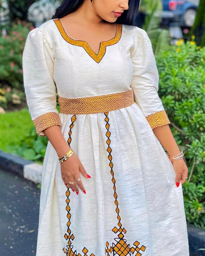 Simple Golden Zuria Habesha Kemis | New Elegant Ethiopian Dress
