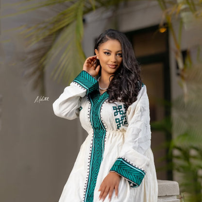 Gondar Habesha Kemis with Emerald Green Tibeb | Handwoven Ethiopian Dress