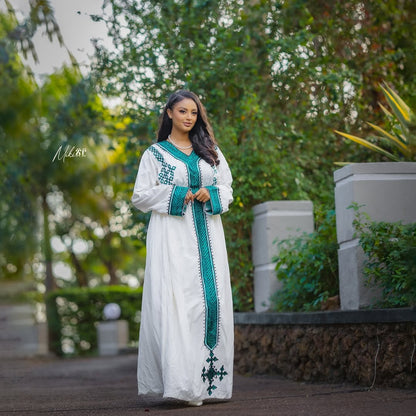 Gondar Habesha Kemis with Emerald Green Tibeb | Handwoven Ethiopian Dress