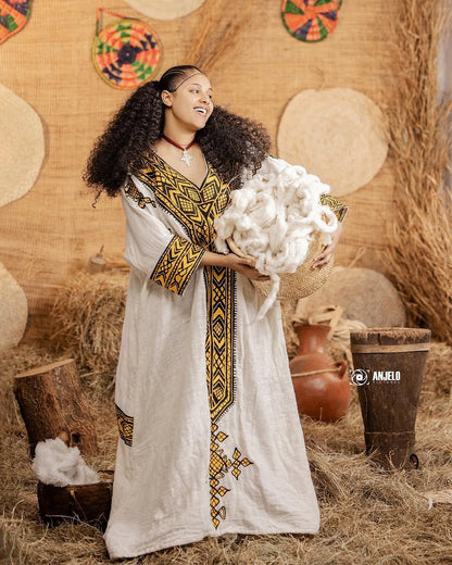 Gondar Fetil Yellow Tibeb Dress | Lightweight Modern Habesha Kemis