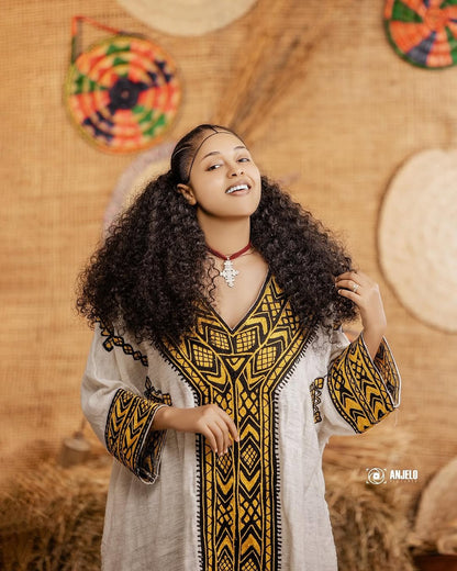 Gondar Fetil Yellow Tibeb Dress | Lightweight Modern Habesha Kemis