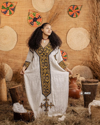 Gondar Fetil Yellow Tibeb Dress | Lightweight Modern Habesha Kemis