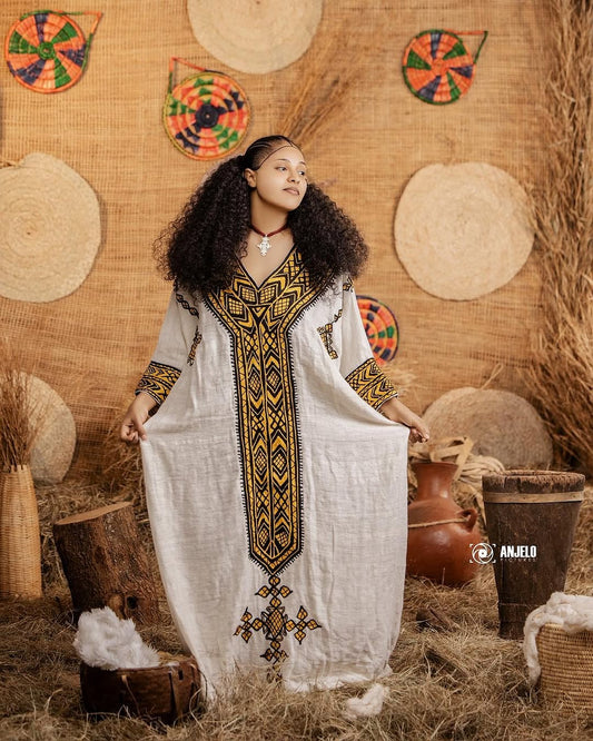 Gondar Fetil Yellow Tibeb Dress | Lightweight Modern Habesha Kemis