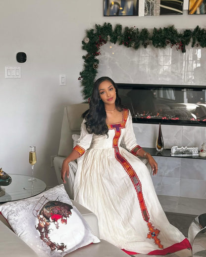 Handmade Red Embroidered Habesha Kemis | Elegant Ethiopian Dress