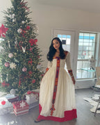 Handmade Red Embroidered Habesha Kemis | Elegant Ethiopian Dress