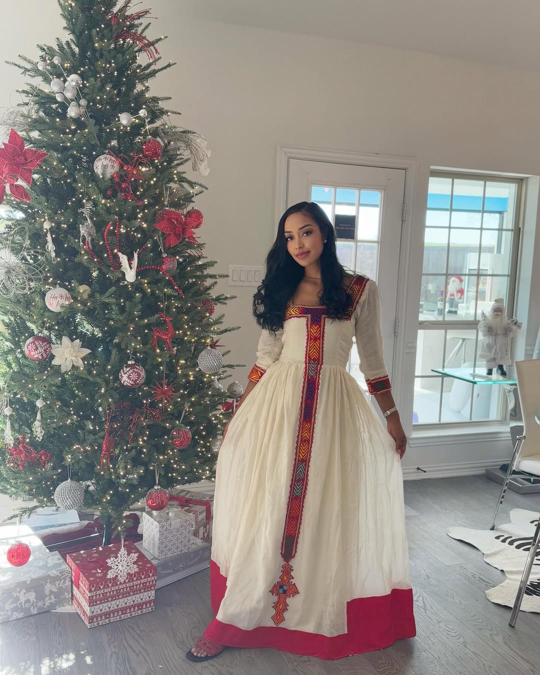 Handmade Red Embroidered Habesha Kemis | Elegant Ethiopian Dress