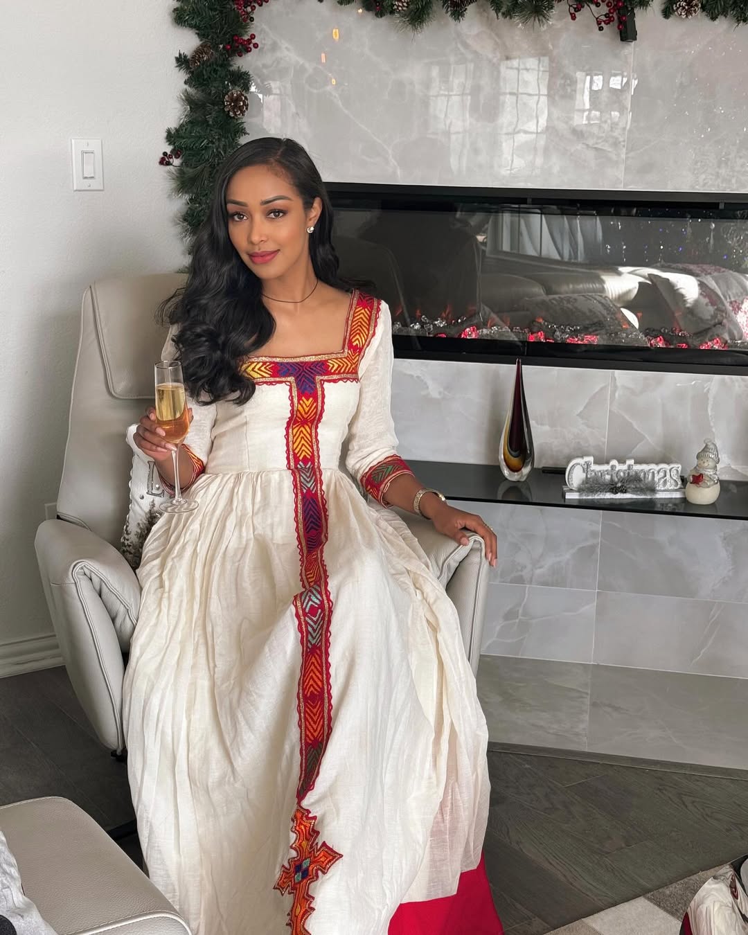 Handmade Red Embroidered Habesha Kemis | Elegant Ethiopian Dress
