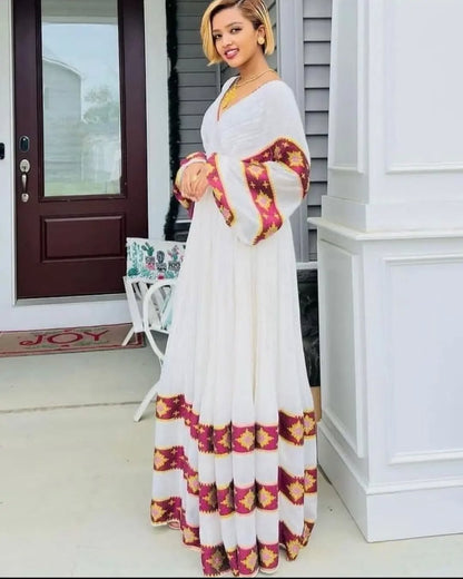 Burgundy Menen Zuria Habesha Kemis | Ethiopian Eritrean Dress