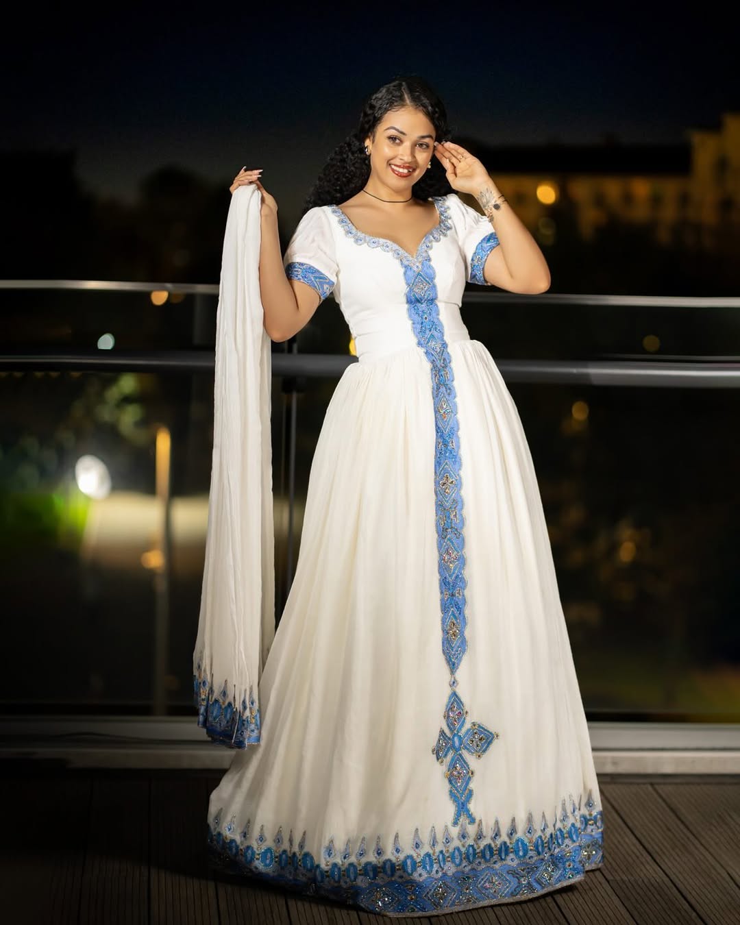 Blue Beaded Habesha Kemis | Handmade Modern Ethiopian Dress