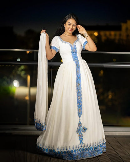 Blue Beaded Habesha Kemis | Handmade Modern Ethiopian Dress