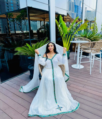 Light Blue & Green Habesha Kemis | New Handmade Ethiopian Dress