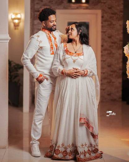Orange Habesha Couples Outfit | Modern Matching Ethiopian Set
