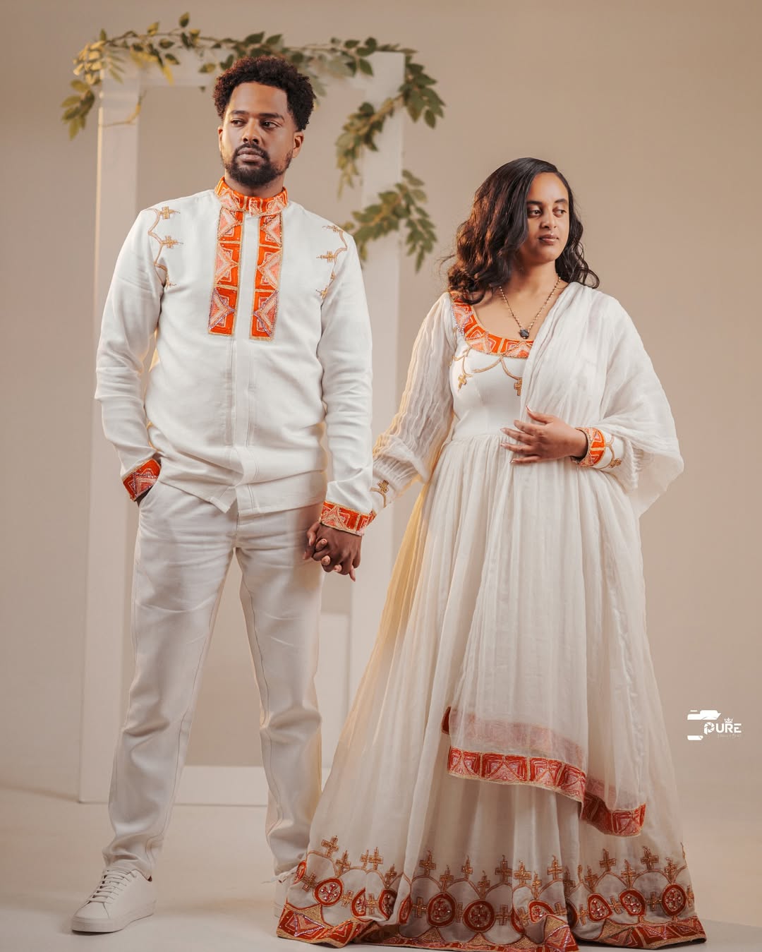 Orange Habesha Couples Outfit | Modern Matching Ethiopian Set