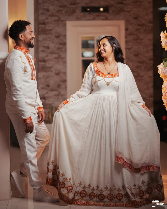 Orange Habesha Couples Outfit | Modern Matching Ethiopian Set