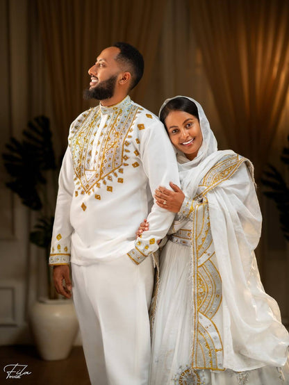 Luxury Gold Habesha Couples Outfit | Modern Ethiopian Matching Set