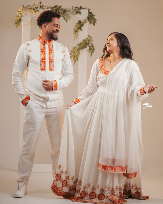 Orange Habesha Couples Outfit | Modern Matching Ethiopian Set