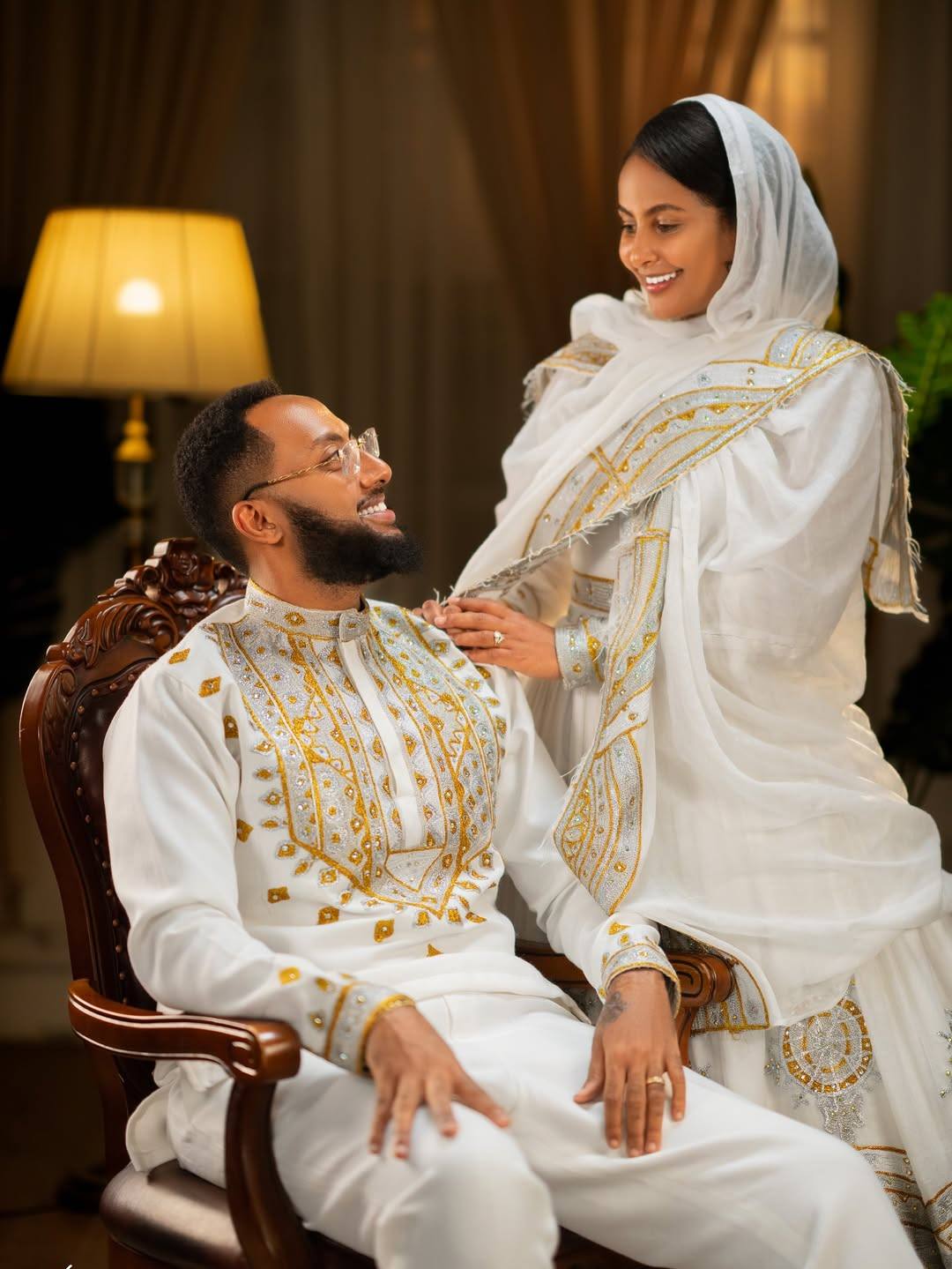 Luxury Gold Habesha Couples Outfit | Modern Ethiopian Matching Set