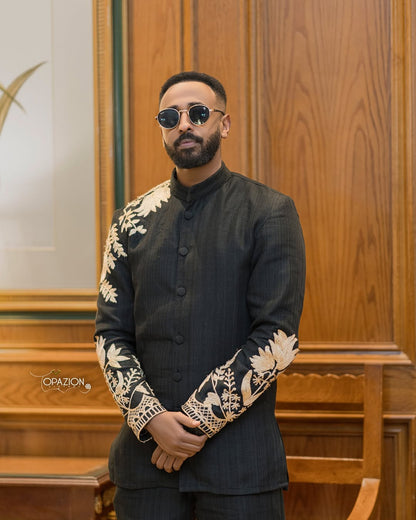Black & Gold Habesha Men’s Shirt | Modern Ethiopian Traditional Wear
