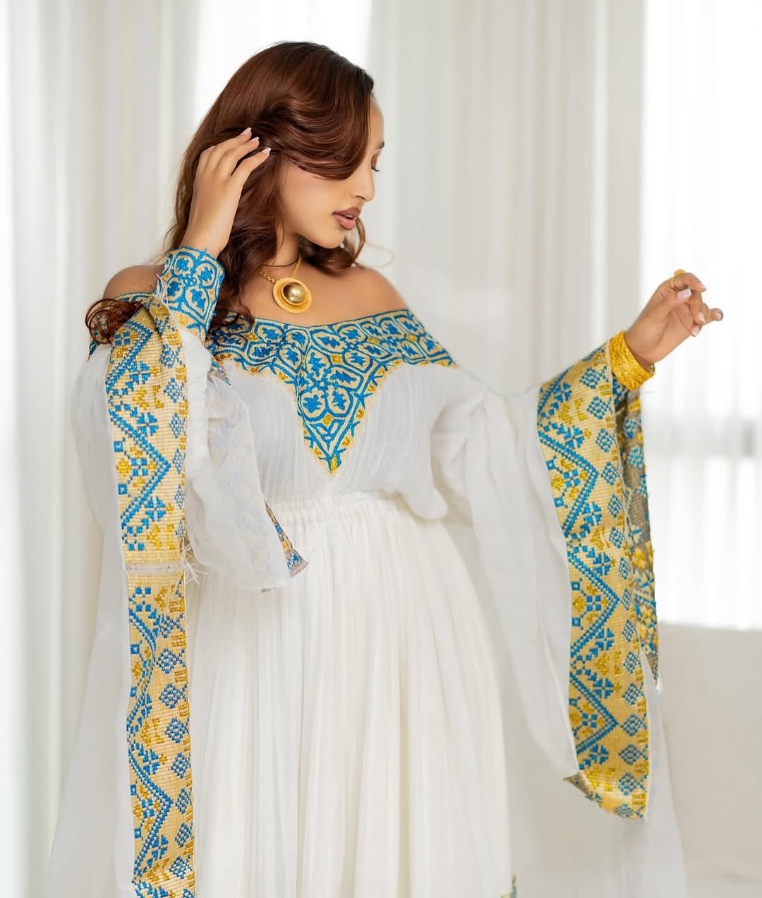 Light Blue & Gold Modern Zuria Habesha Kemis | Ethiopian Dress