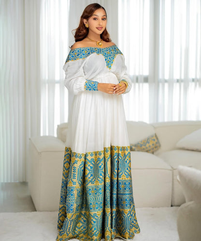 Light Blue & Gold Modern Zuria Habesha Kemis | Ethiopian Dress