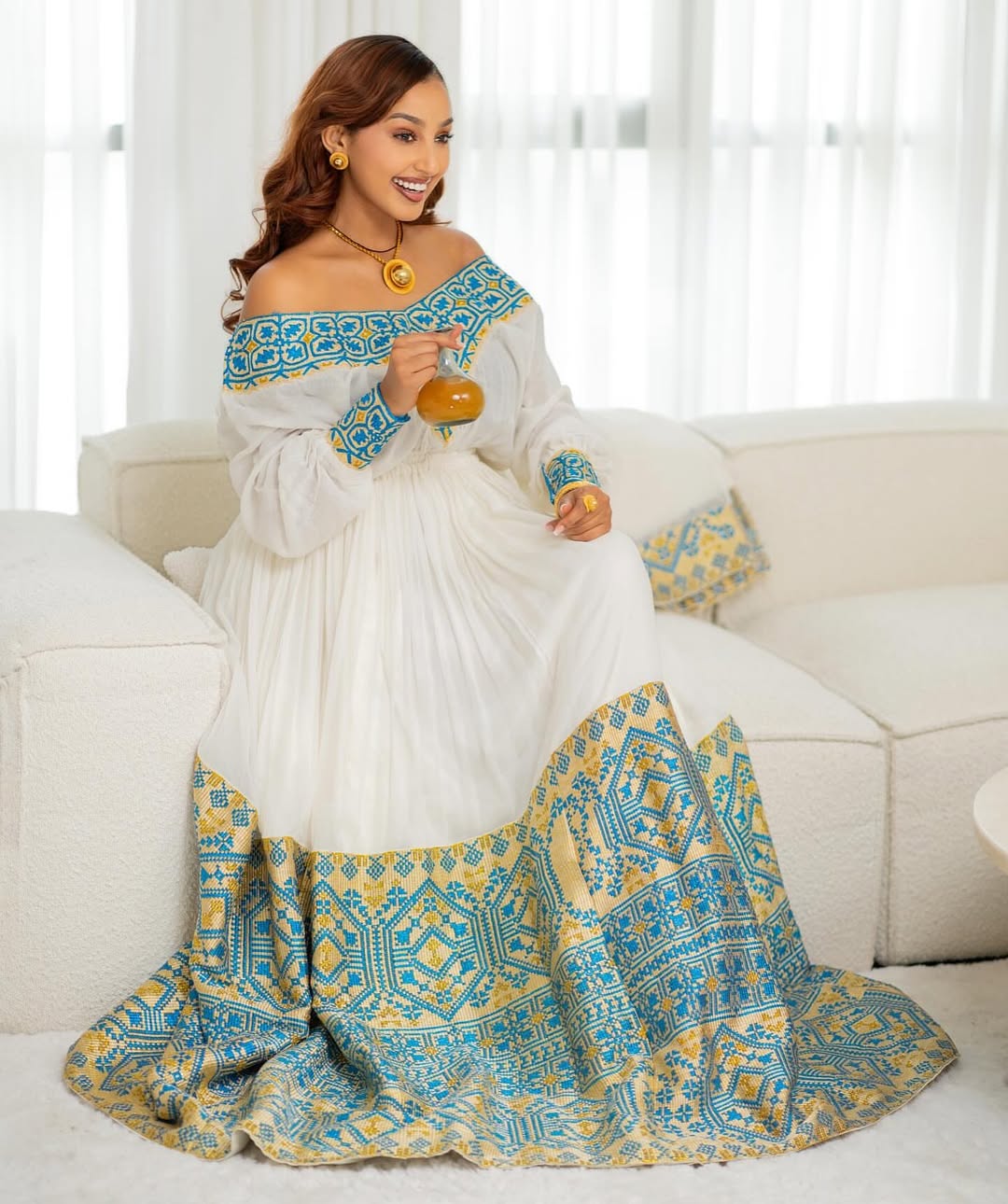 Light Blue & Gold Modern Zuria Habesha Kemis | Ethiopian Dress