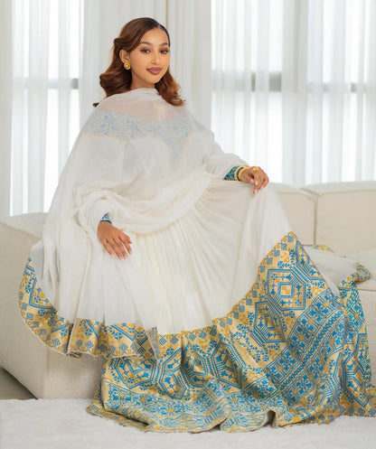Light Blue & Gold Modern Zuria Habesha Kemis | Ethiopian Dress