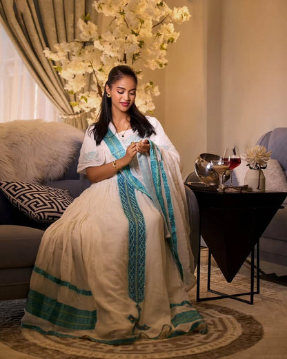 Light Blue Zuria Habesha Kemis | Modern Ethiopian Traditional Dress