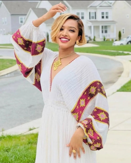 Burgundy Menen Zuria Habesha Kemis | Ethiopian Eritrean Dress