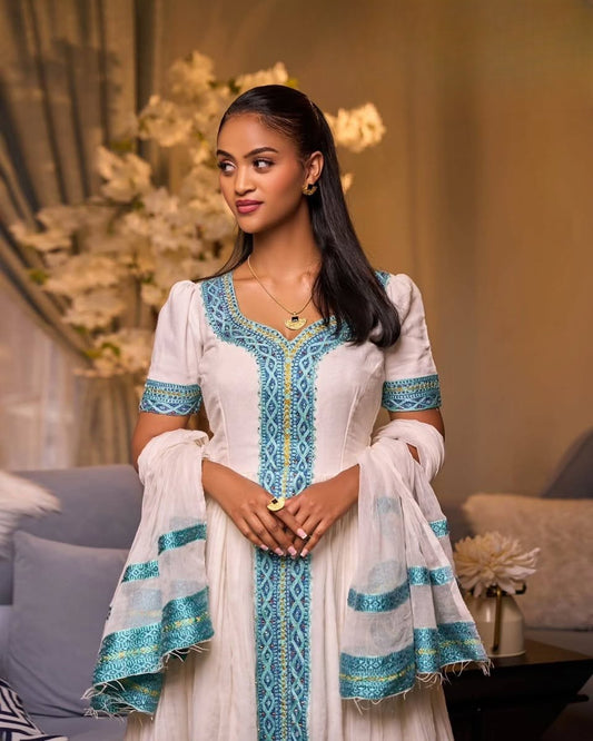 Light Blue Zuria Habesha Kemis | Modern Ethiopian Traditional Dress