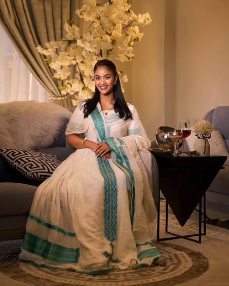 Light Blue Zuria Habesha Kemis | Modern Ethiopian Traditional Dress