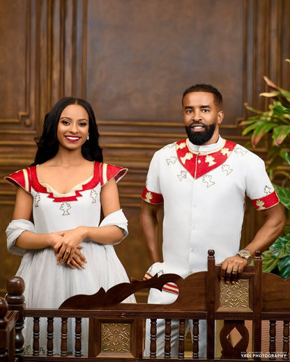 Red & Gold Habesha Couples Outfit | Matching Ethiopian Traditional Set