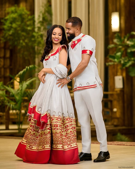 Red & Gold Habesha Couples Outfit | Matching Ethiopian Traditional Set