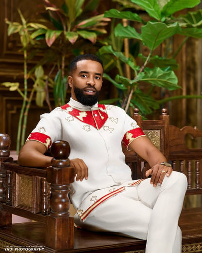 Red & Gold Habesha Couples Outfit | Matching Ethiopian Traditional Set