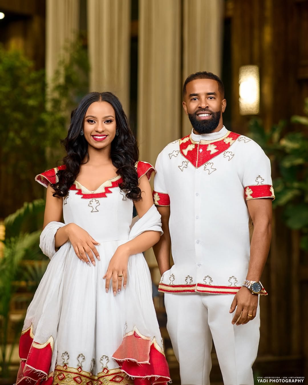 Red & Gold Habesha Couples Outfit | Matching Ethiopian Traditional Set