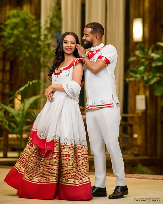 Red & Gold Habesha Couples Outfit | Matching Ethiopian Traditional Set