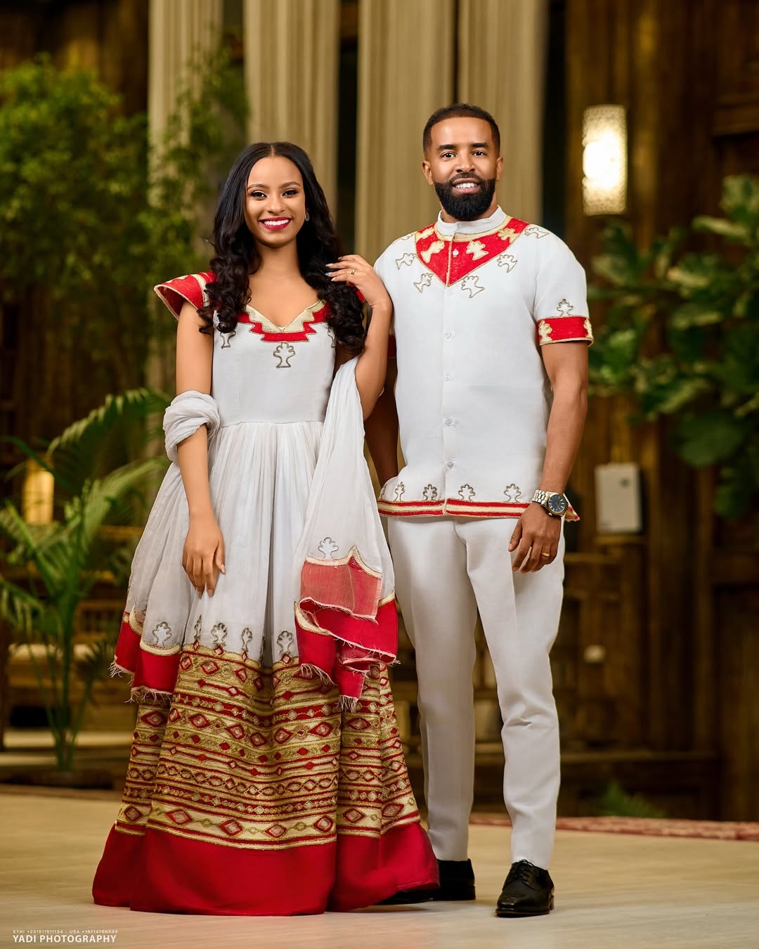 Red & Gold Habesha Couples Outfit | Matching Ethiopian Traditional Set