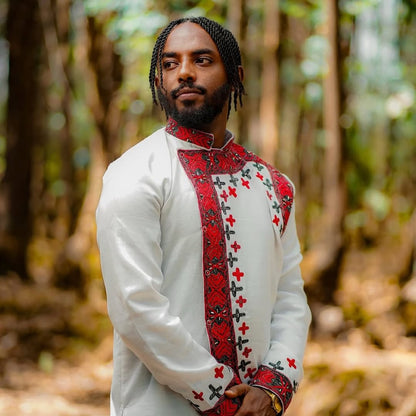 Red Luxury Habesha Men’s Shirt | Modern Ethiopian Traditional Wear