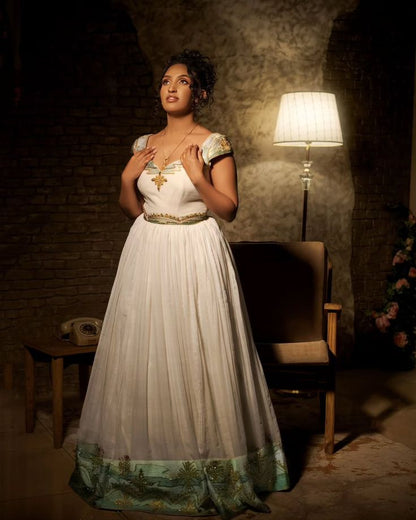 Luxury Green Zuria Kemis | Modern Ethiopian Traditional Dress