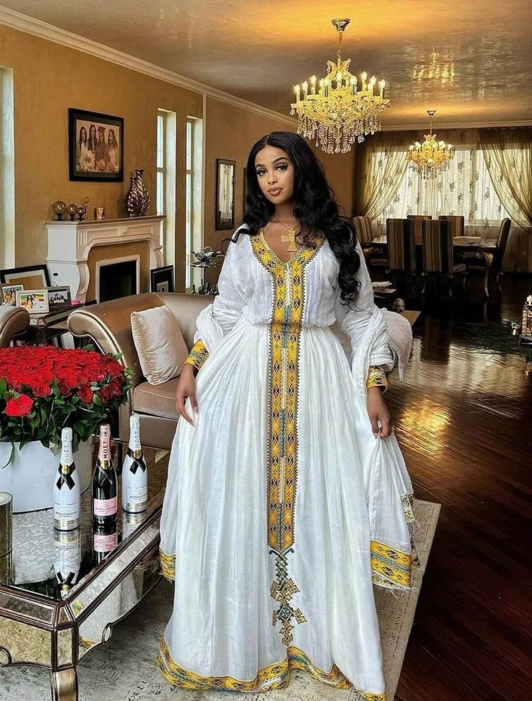 Ethiopian Cultural Dress Menen Kemis Tilf Habesha Dress - EthGebya