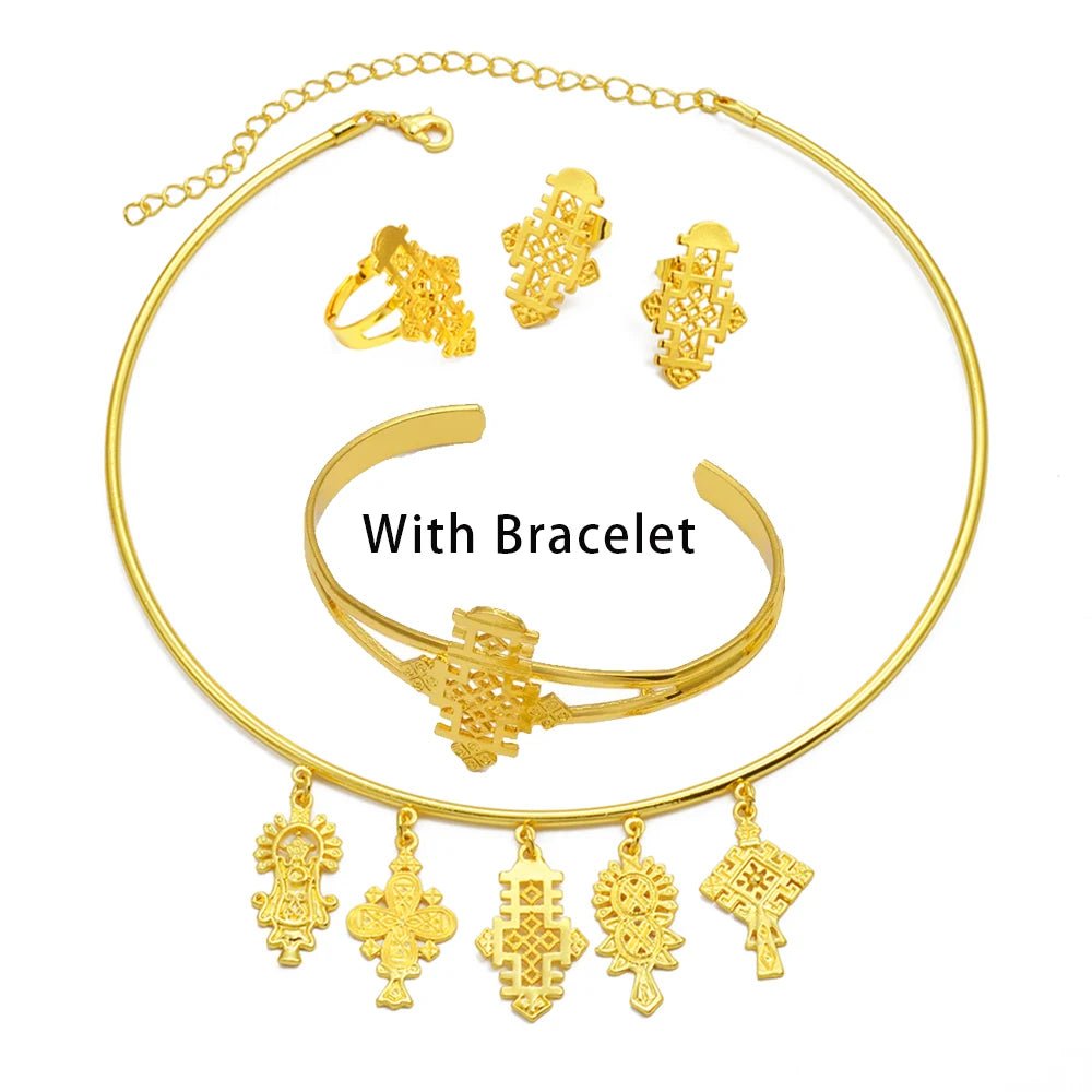 Ethiopian Eritrean Jewelry Set | Cross Choker, Earrings & Ring - EthGebya