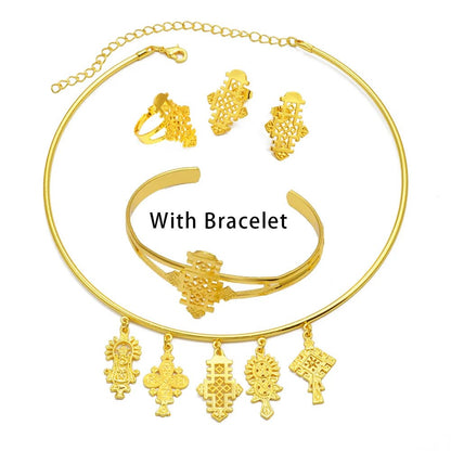 Ethiopian Eritrean Jewelry Set | Cross Choker, Earrings & Ring - EthGebya