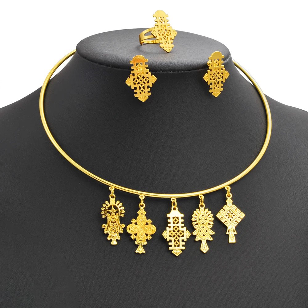 Ethiopian Eritrean Jewelry Set | Cross Choker, Earrings & Ring - EthGebya
