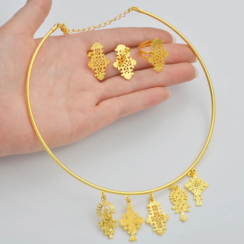 Ethiopian Eritrean Jewelry Set | Cross Choker, Earrings & Ring - EthGebya