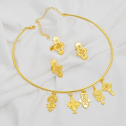 Ethiopian Eritrean Jewelry Set | Cross Choker, Earrings & Ring - EthGebya