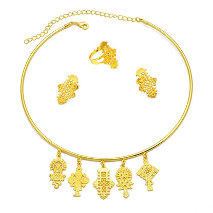 Ethiopian Eritrean Jewelry Set | Cross Choker, Earrings & Ring - EthGebya