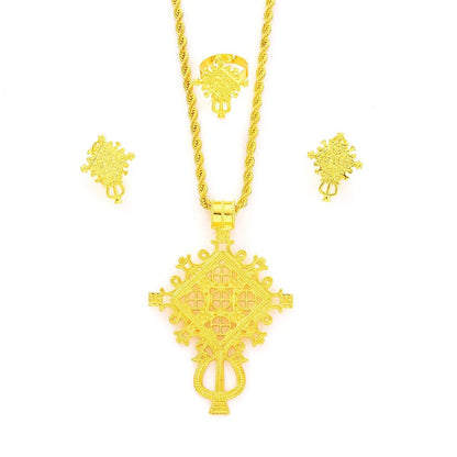 Gold necklace and earrings set on a white background