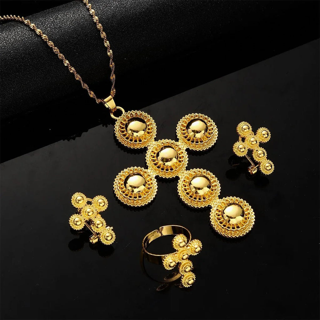 Ethiopian Gold Jewelry Set | Habesha Pendant, Earrings & Ring - EthGebya